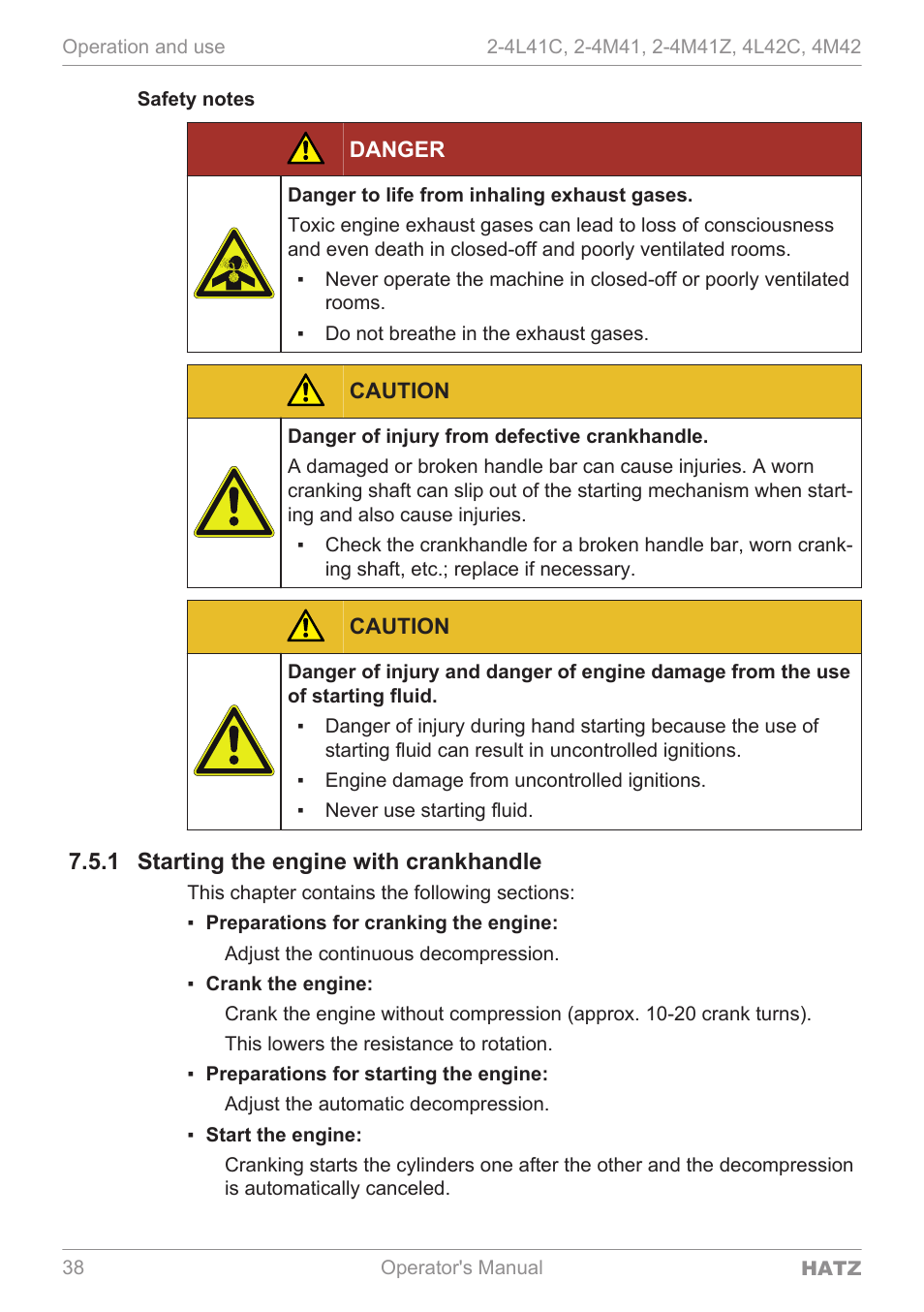 Starting the engine with crankhandle, 1 starting the engine with crankhandle | HATZ Diesel 4M42 User Manual | Page 38 / 105