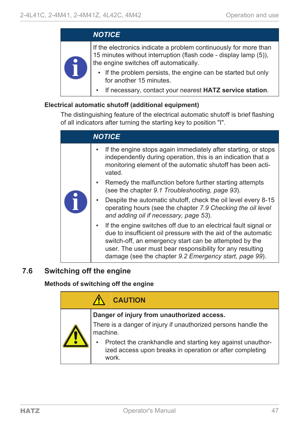 Switching off the engine | HATZ Diesel 4M42 User Manual | Page 47 / 105