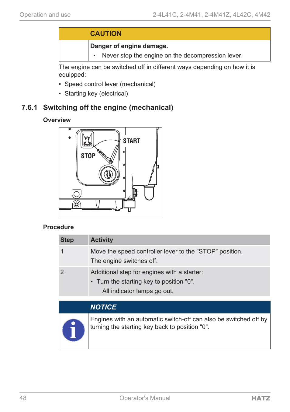 Switching off the engine (mechanical), Procedure | HATZ Diesel 4M42 User Manual | Page 48 / 105