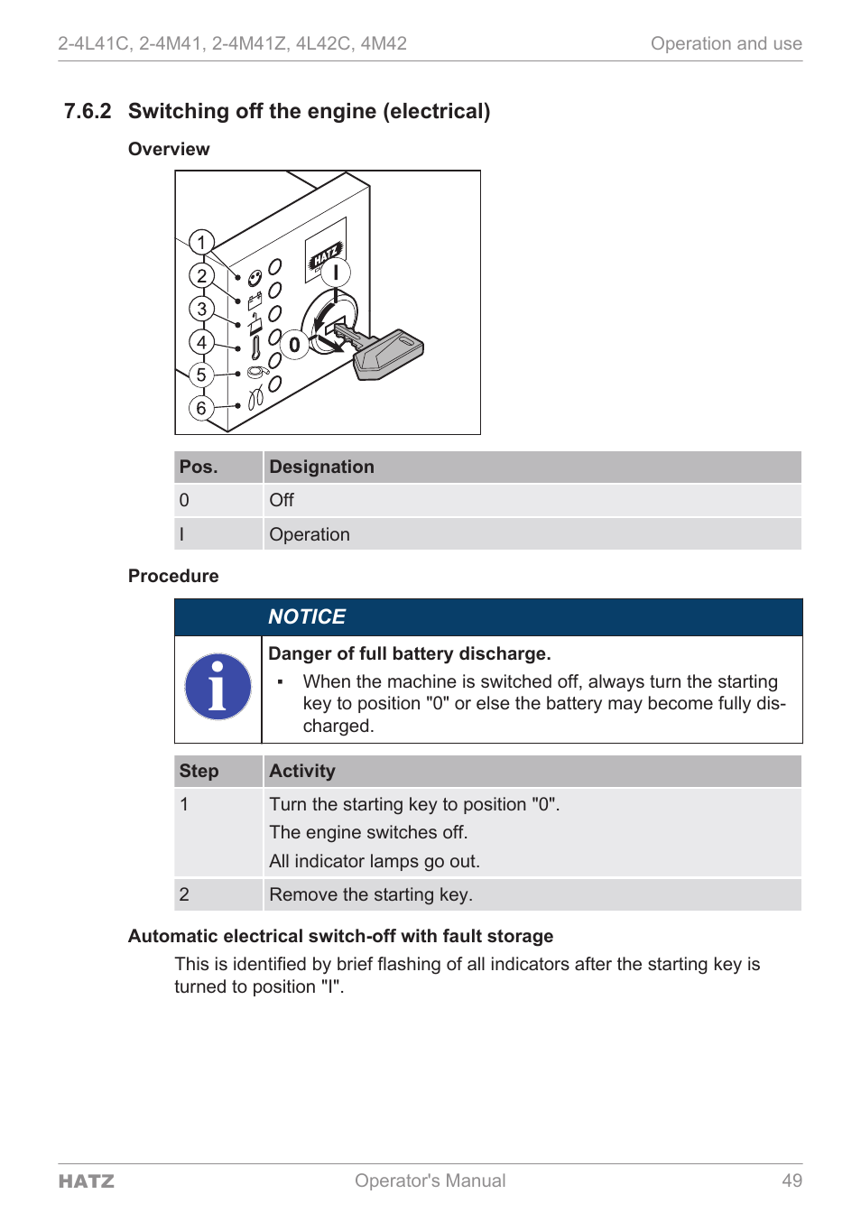 Switching off the engine (electrical), Overview, Procedure | Automatic electrical switch-off with fault storage | HATZ Diesel 4M42 User Manual | Page 49 / 105