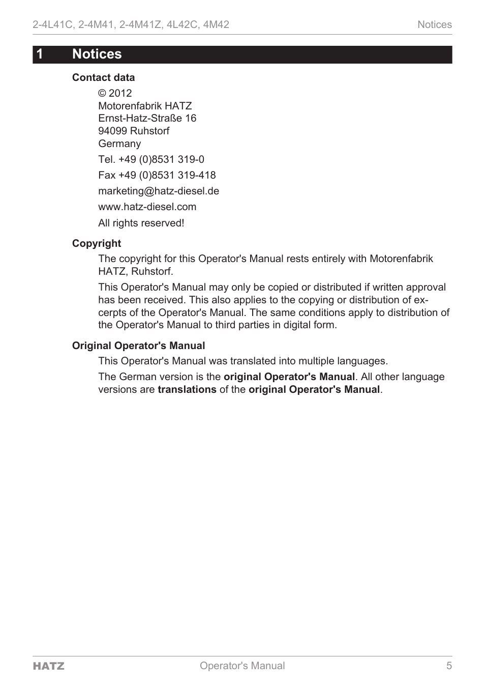 Notices, 1notices | HATZ Diesel 4M42 User Manual | Page 5 / 105
