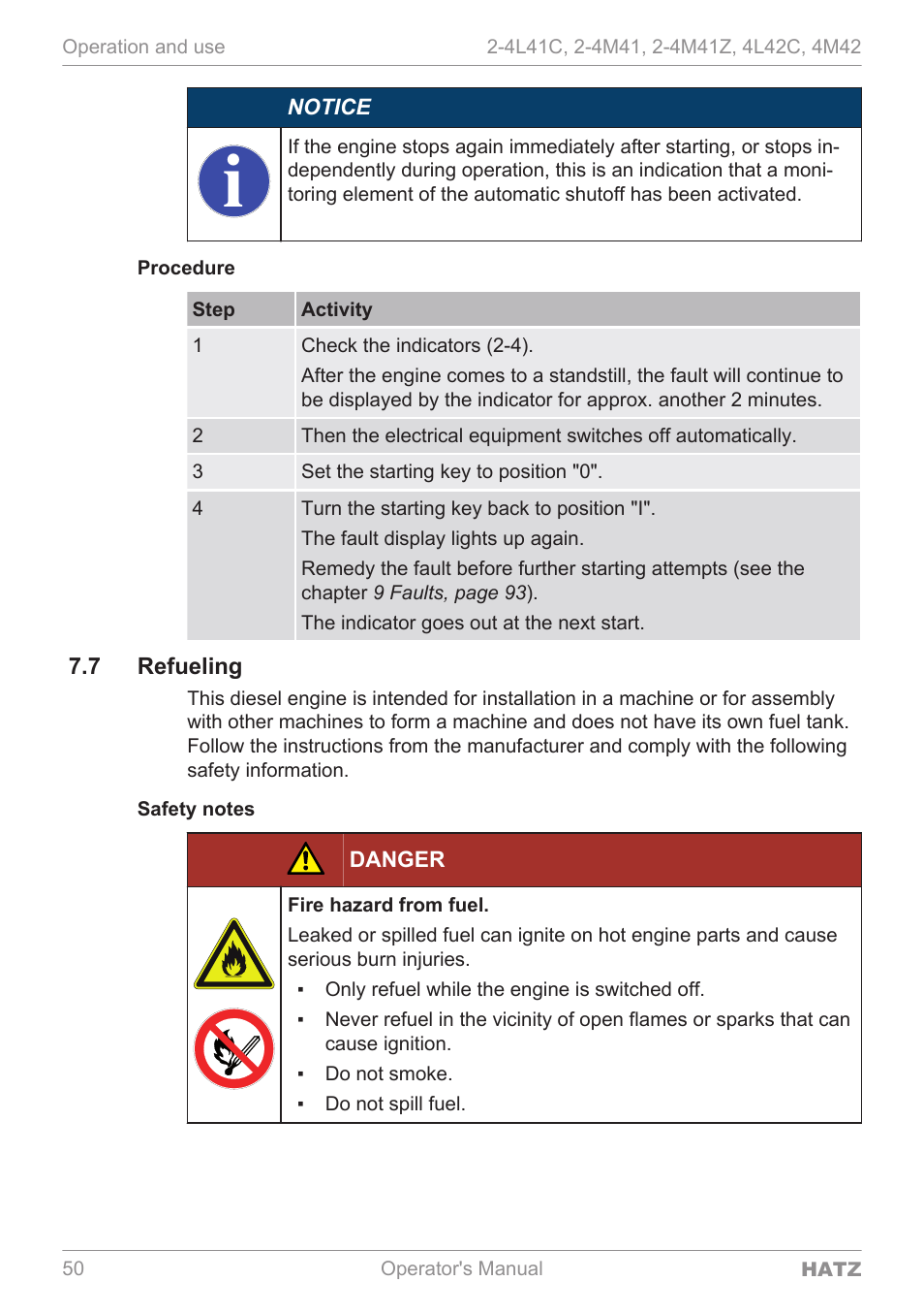 Procedure, Refueling | HATZ Diesel 4M42 User Manual | Page 50 / 105