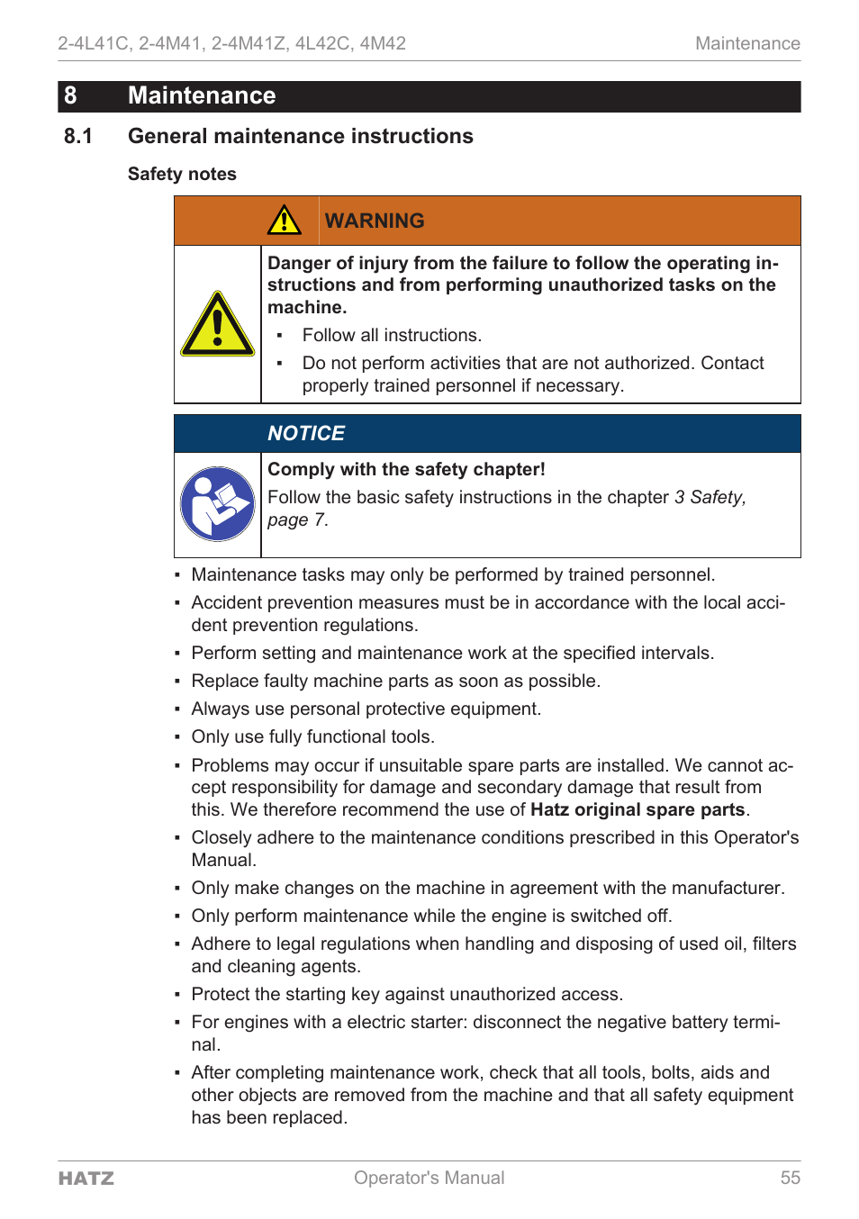 Maintenance, General maintenance instructions, 8maintenance | HATZ Diesel 4M42 User Manual | Page 55 / 105