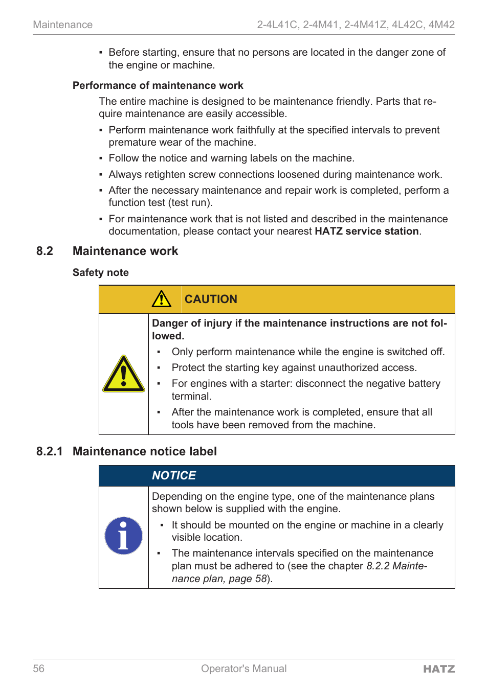 Maintenance work, Maintenance notice label | HATZ Diesel 4M42 User Manual | Page 56 / 105