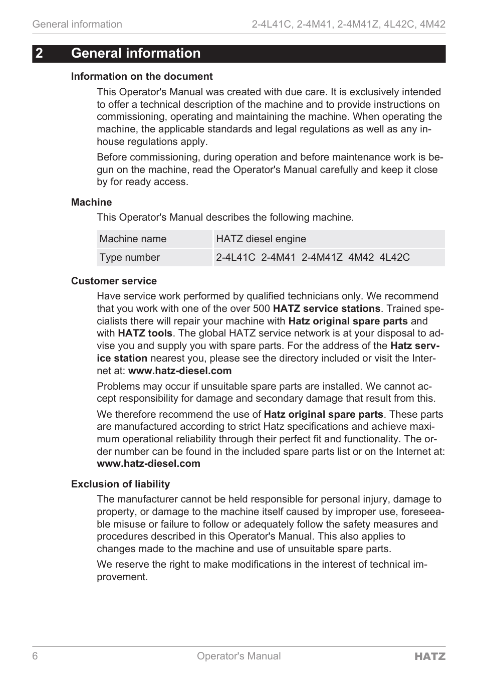 General information, 2general information | HATZ Diesel 4M42 User Manual | Page 6 / 105
