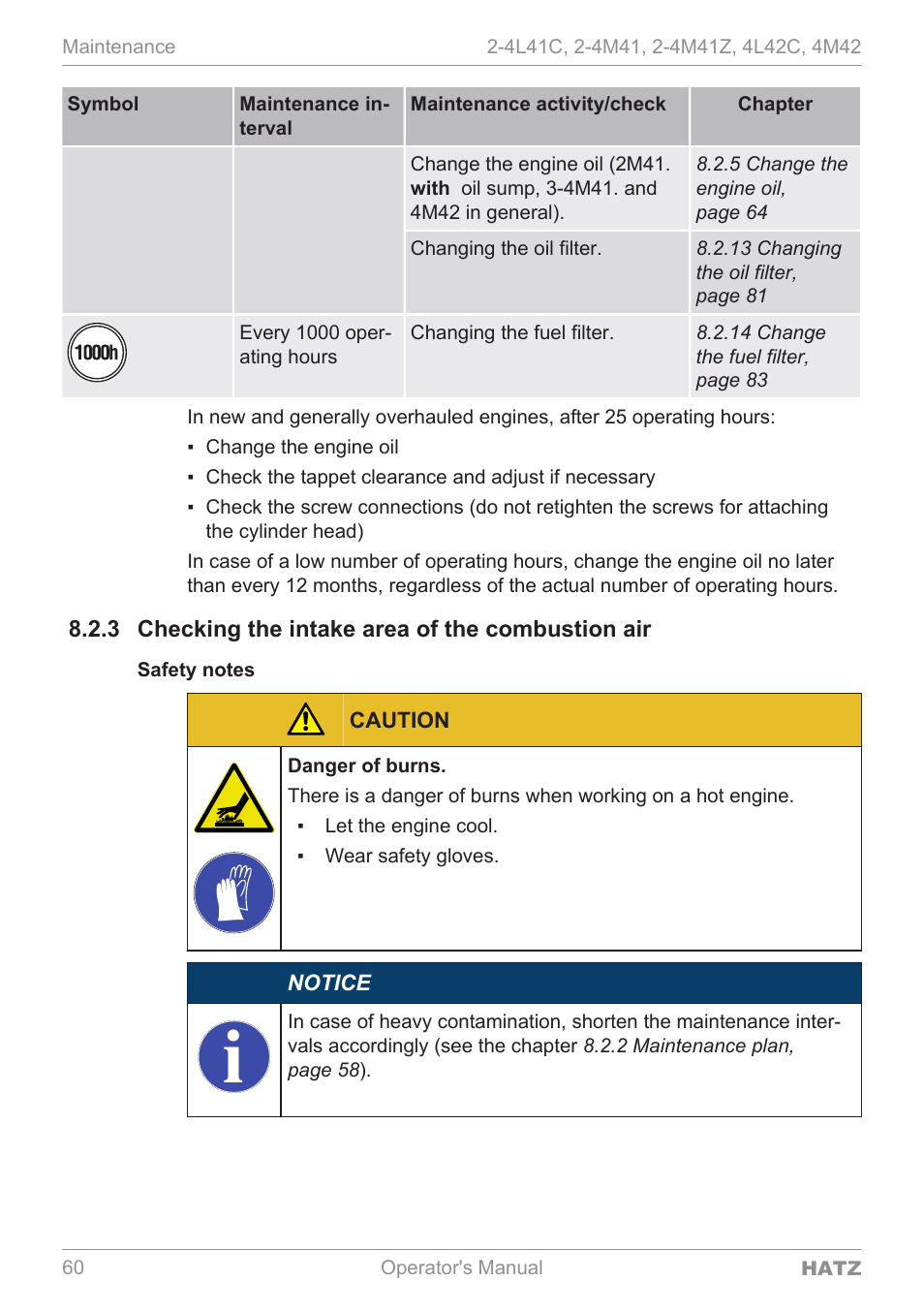 Checking the intake area of the combustion air | HATZ Diesel 4M42 User Manual | Page 60 / 105