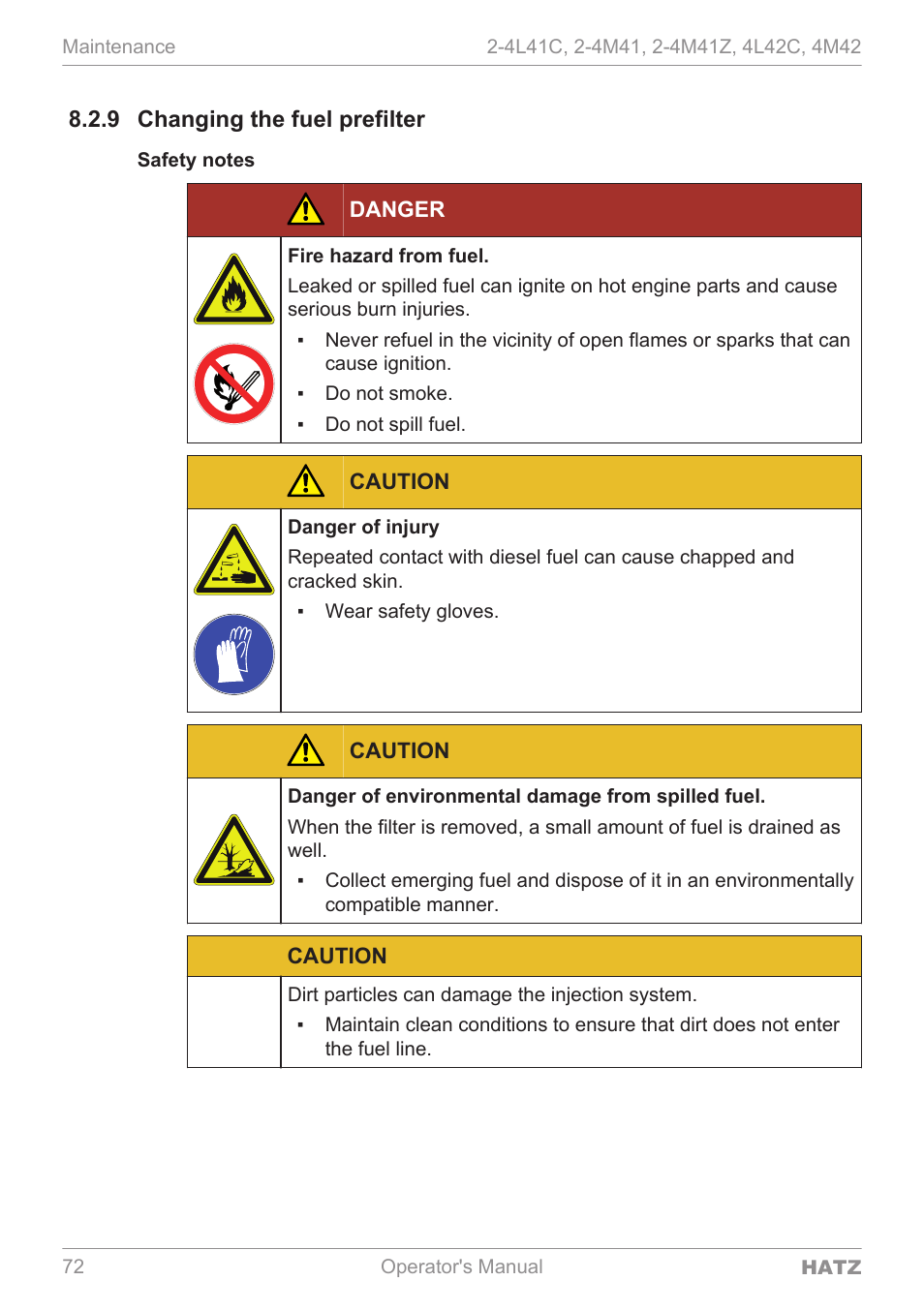 Changing the fuel prefilter, 9 changing the fuel prefilter | HATZ Diesel 4M42 User Manual | Page 72 / 105