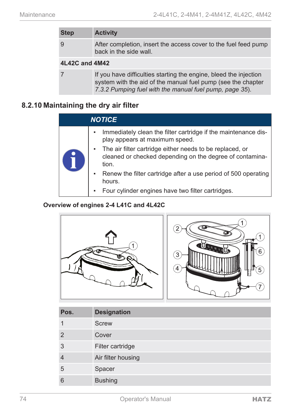 Maintaining the dry air filter | HATZ Diesel 4M42 User Manual | Page 74 / 105