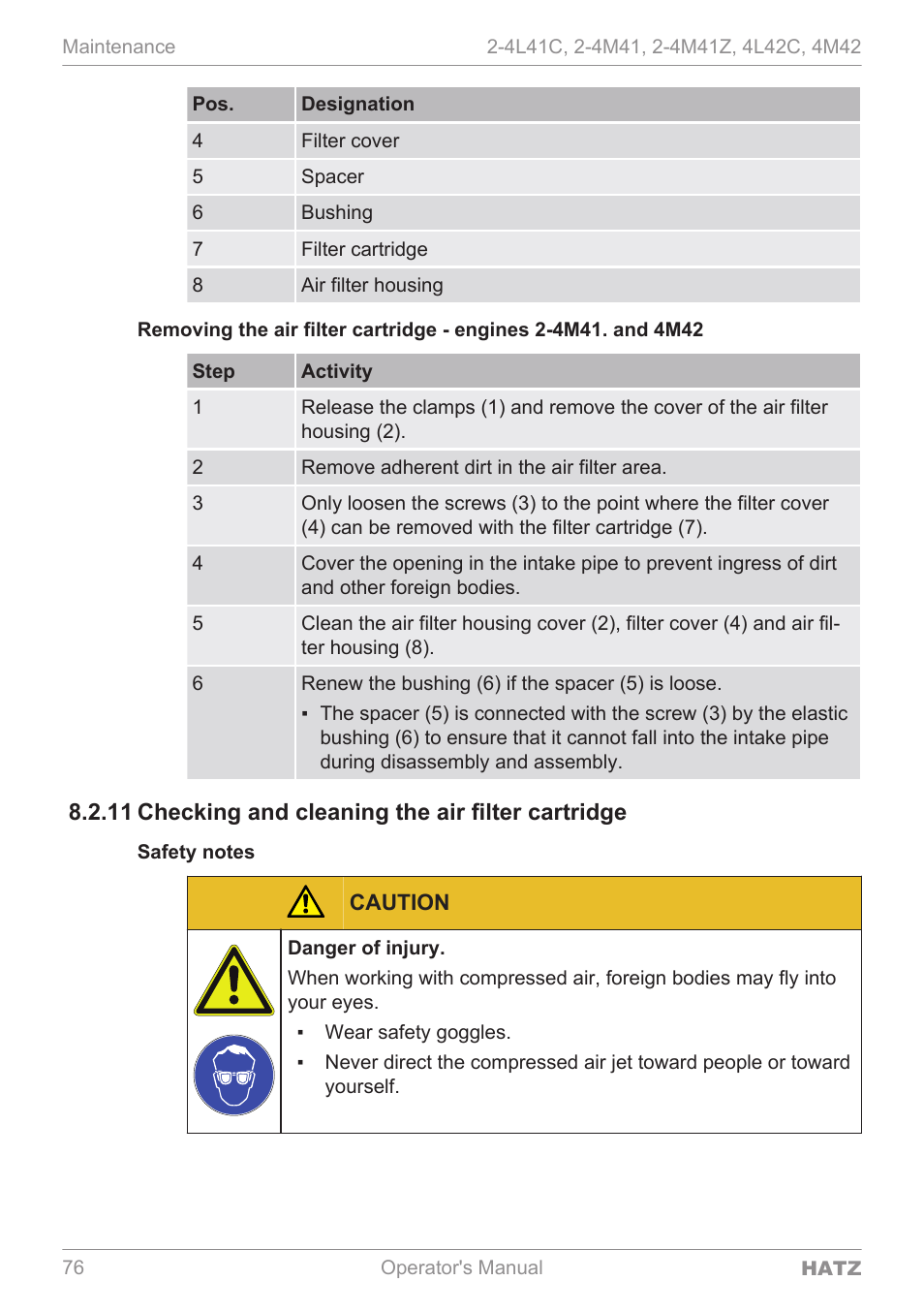 Checking and cleaning the air filter cartridge, 11 checking and cleaning the air filter cartridge | HATZ Diesel 4M42 User Manual | Page 76 / 105