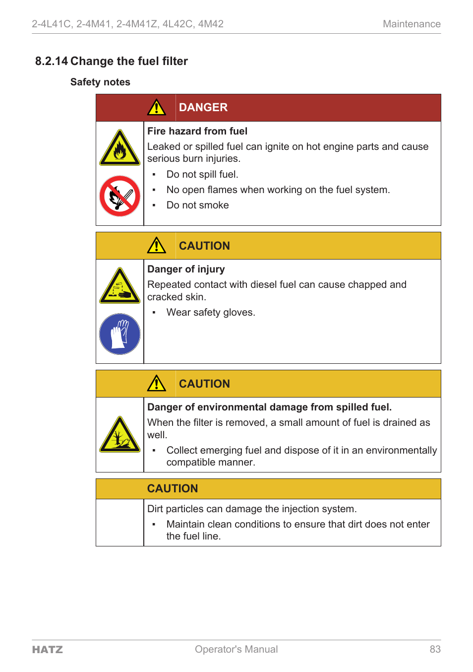 Change the fuel filter, 14 change the fuel filter | HATZ Diesel 4M42 User Manual | Page 83 / 105