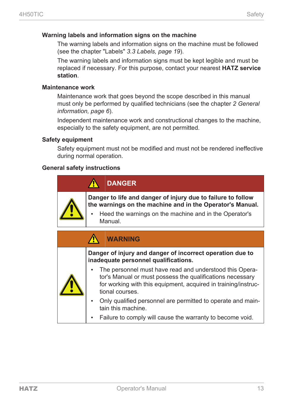 Danger, Warning | HATZ Diesel 4H50TIC User Manual | Page 12 / 96