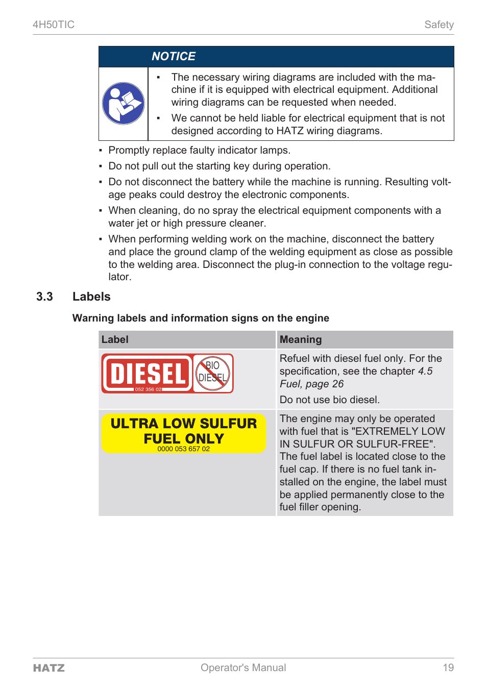 3 labels, Notice | HATZ Diesel 4H50TIC User Manual | Page 18 / 96