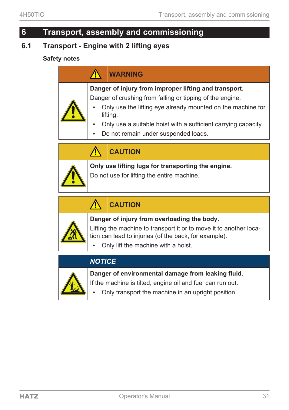 6transport, assembly and commissioning | HATZ Diesel 4H50TIC User Manual | Page 30 / 96