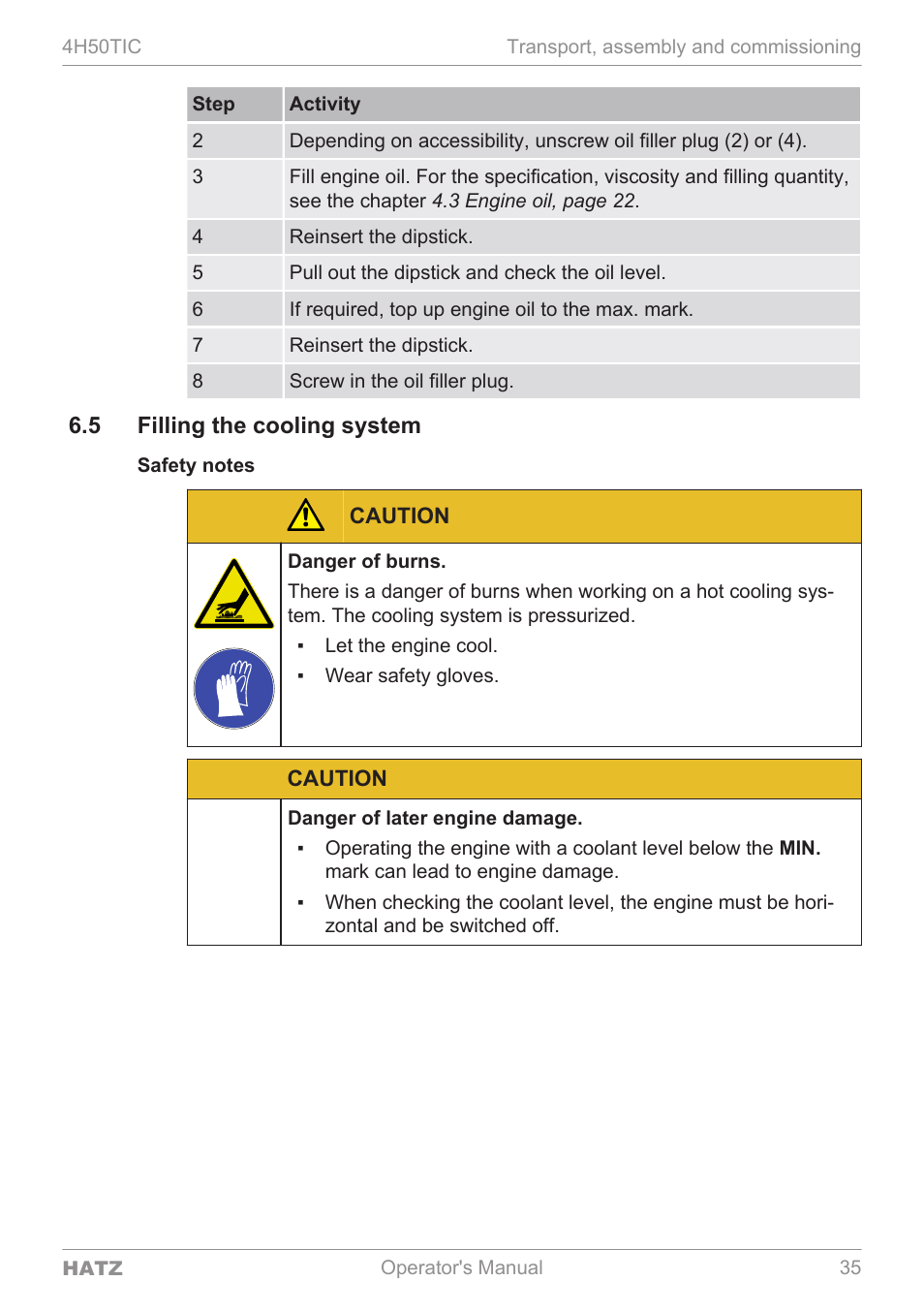 5 filling the cooling system | HATZ Diesel 4H50TIC User Manual | Page 34 / 96