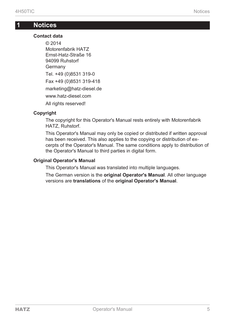 1notices | HATZ Diesel 4H50TIC User Manual | Page 4 / 96