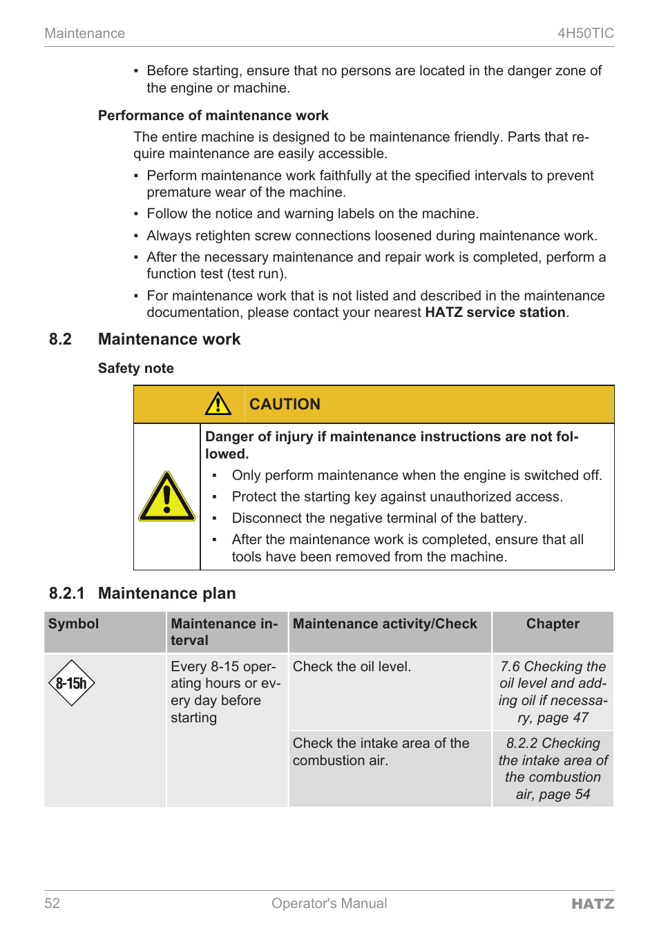 2 maintenance work, 1 maintenance plan | HATZ Diesel 4H50TIC User Manual | Page 51 / 96