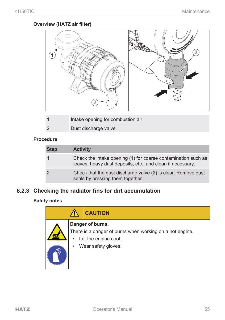 3 checking the radiator fins for dirt accumulation, Caution | HATZ Diesel 4H50TIC User Manual | Page 54 / 96