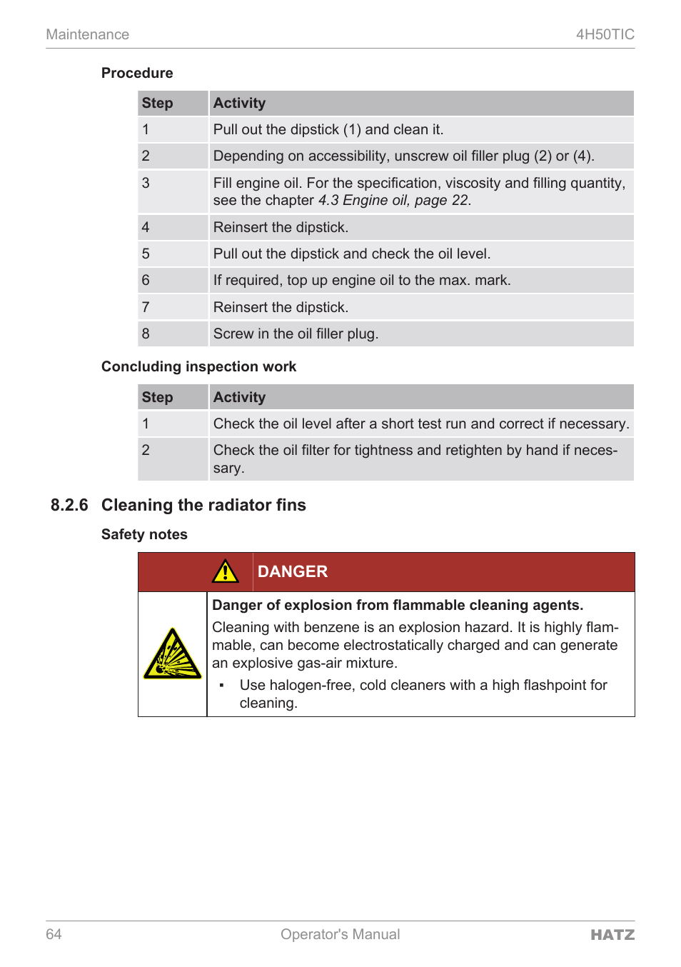 6 cleaning the radiator fins, Danger | HATZ Diesel 4H50TIC User Manual | Page 63 / 96