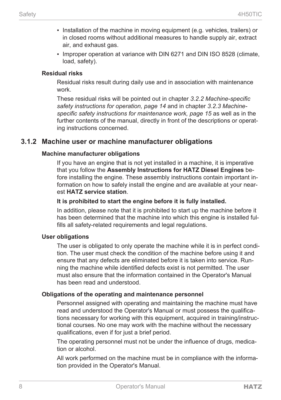 2 machine user or machine manufacturer obligations, Safety 4h50tic, 8operator's manual hatz | HATZ Diesel 4H50TIC User Manual | Page 7 / 96