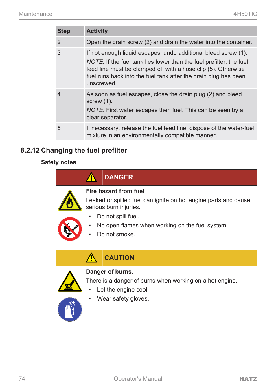 12 changing the fuel prefilter | HATZ Diesel 4H50TIC User Manual | Page 73 / 96