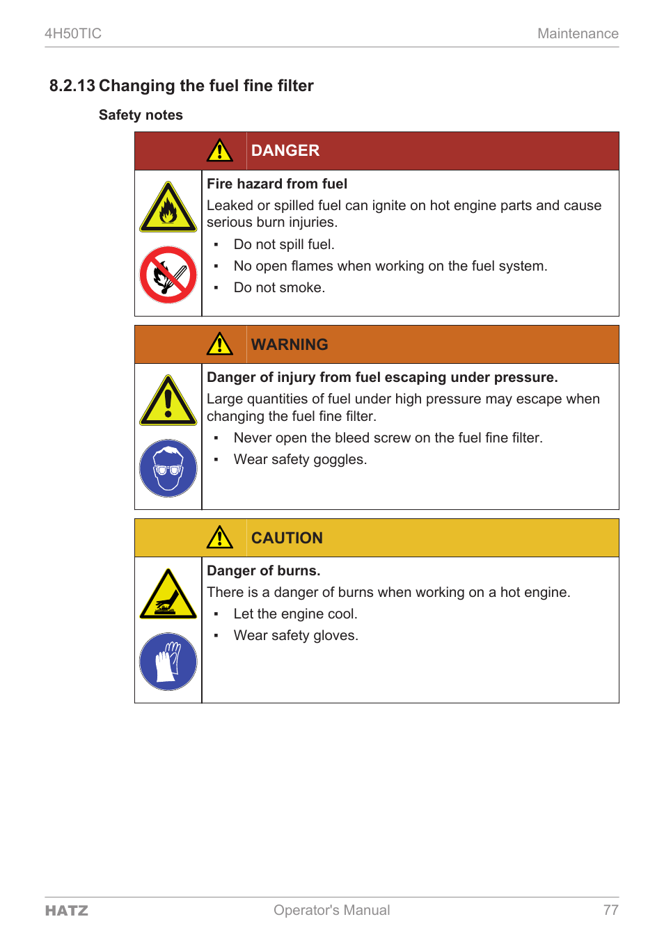 13 changing the fuel fine filter | HATZ Diesel 4H50TIC User Manual | Page 76 / 96