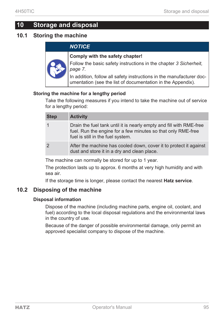 10 storage and disposal, 1 storing the machine, 2 disposing of the machine | Notice | HATZ Diesel 4H50TIC User Manual | Page 94 / 96