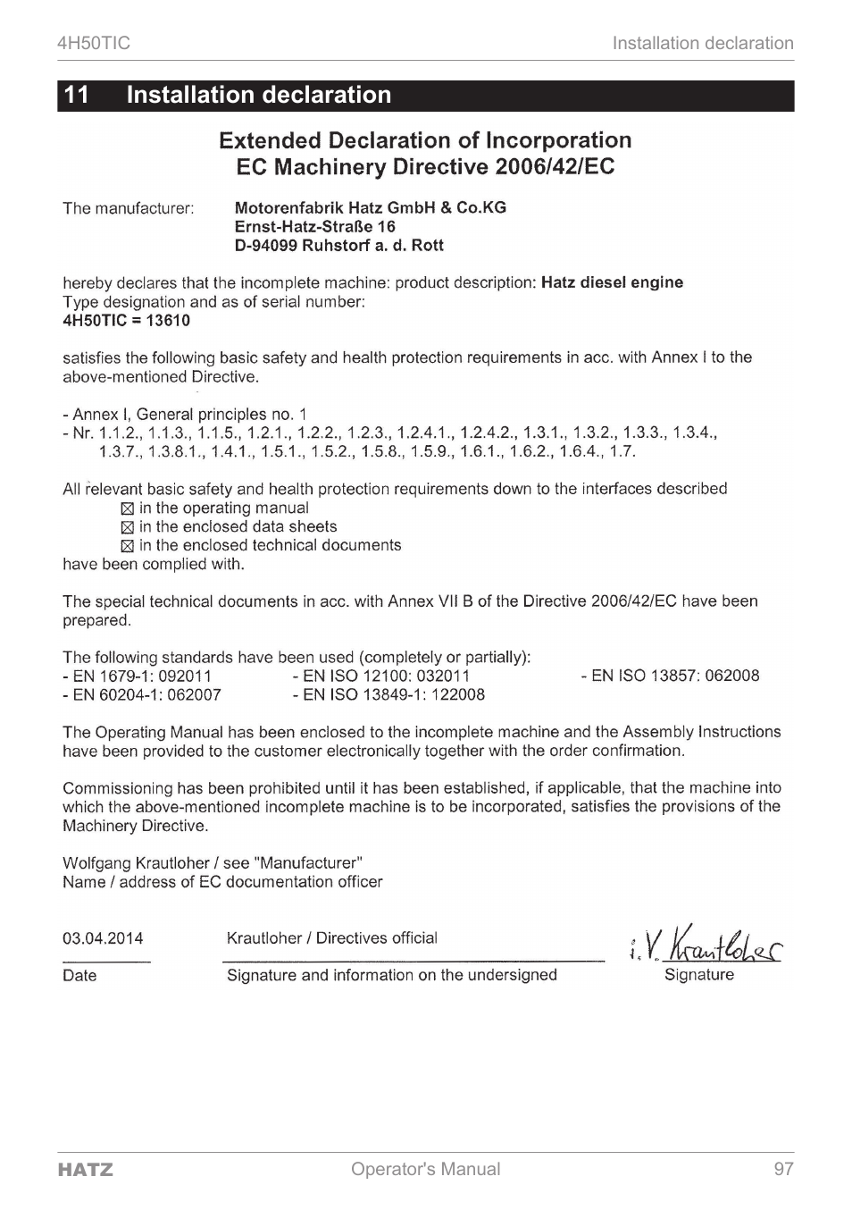 11 installation declaration | HATZ Diesel 4H50TIC User Manual | Page 96 / 96