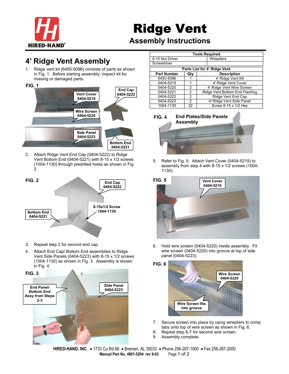 Hired-Hand Baffles, Vents, & Inlets: Ridge Vent Assembly Instructions User Manual | 2 pages