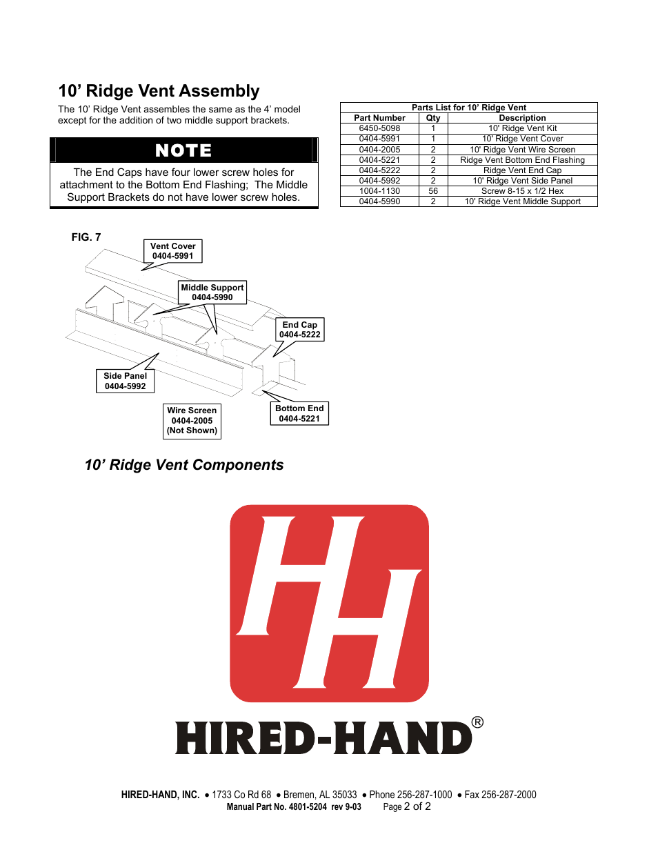 10’ ridge vent assembly, 10’ ridge vent components | Hired-Hand Baffles, Vents, & Inlets: Ridge Vent Assembly Instructions User Manual | Page 2 / 2