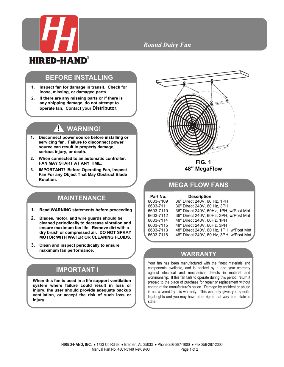 Hired-Hand Circulation and Stir Fans: MEGA FLOW FANS Round Dairy Fan User Manual | 2 pages