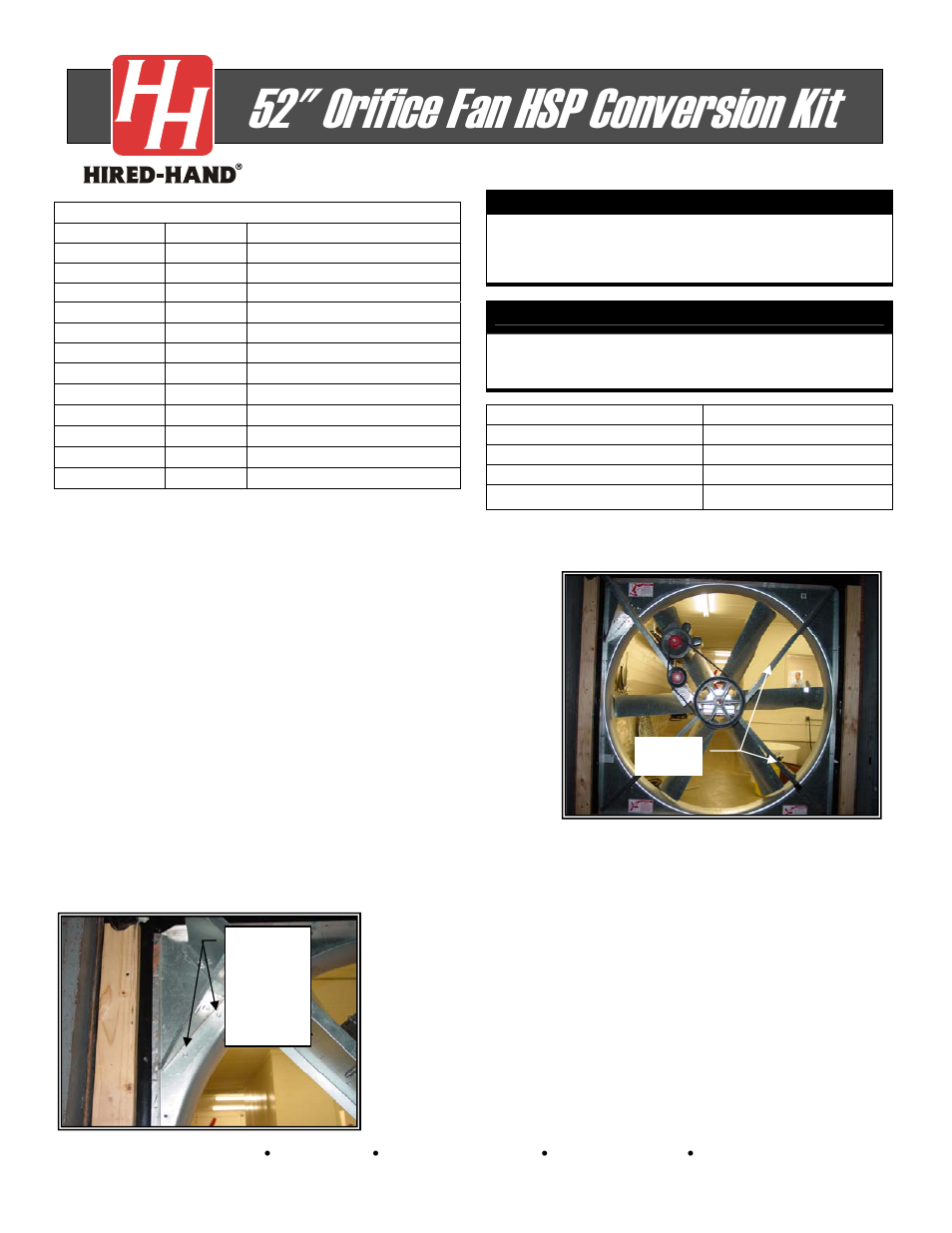 Hired-Hand Circulation and Stir Fans: 52 Orifice Fan HSP Conversion Kit User Manual | 2 pages