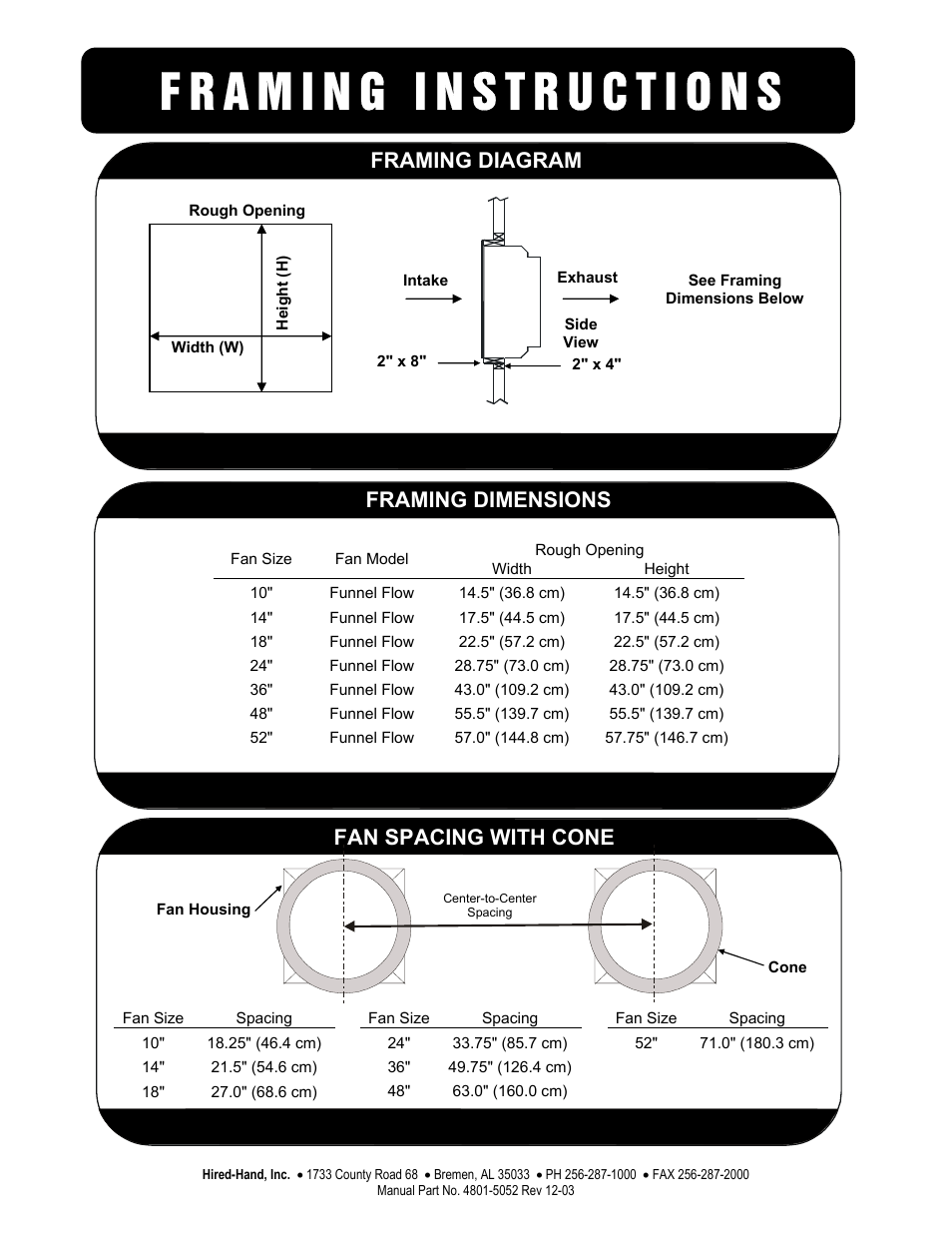 Framing diagram, Framing dimensions, Fan spacing with cone | Hired-Hand Funnel Flow Fans Rev 12-03 User Manual | Page 2 / 2