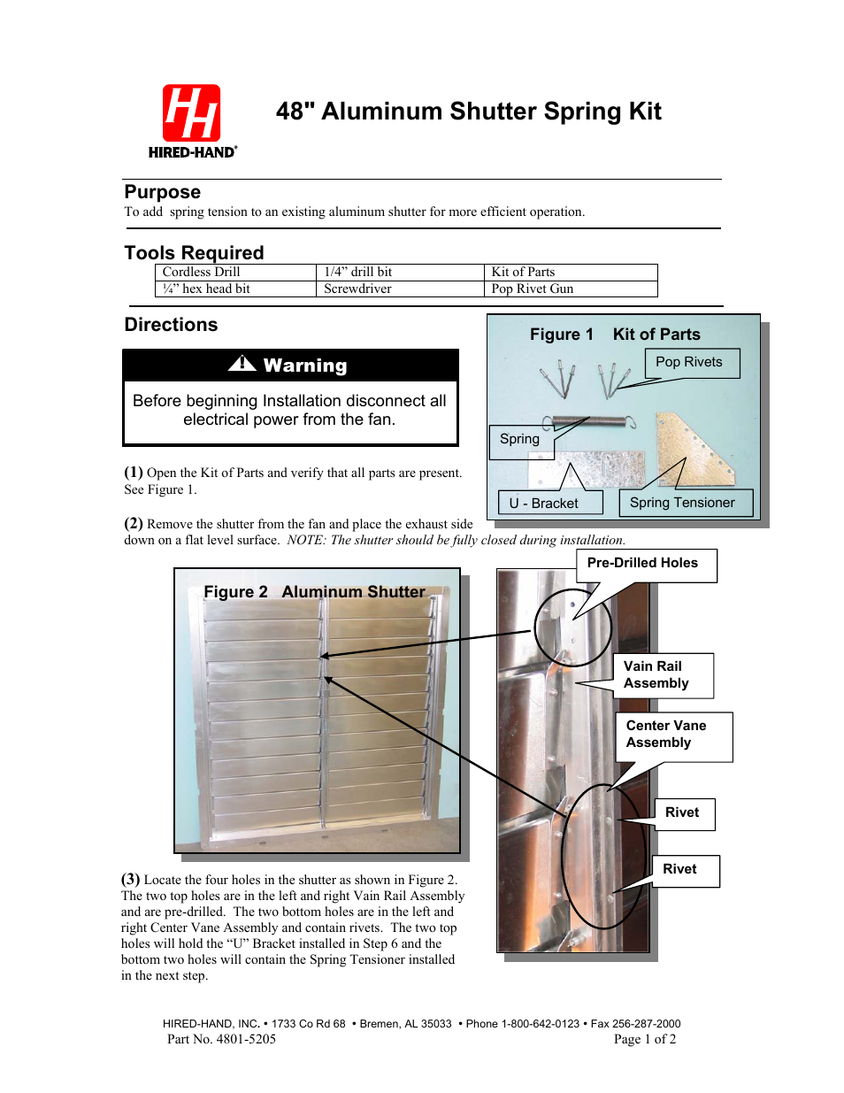 Hired-Hand Mega Flow SlantWall Fans: 48 Aluminum Shutter Spring Kit User Manual | 2 pages