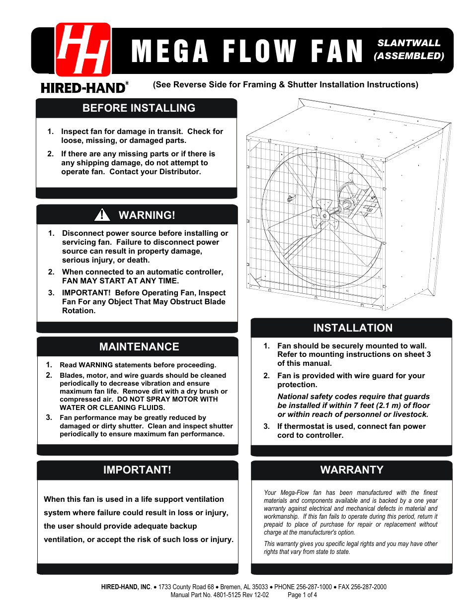Hired-Hand Mega Flow SlantWall Fans (ASSEMBLED) User Manual | 4 pages