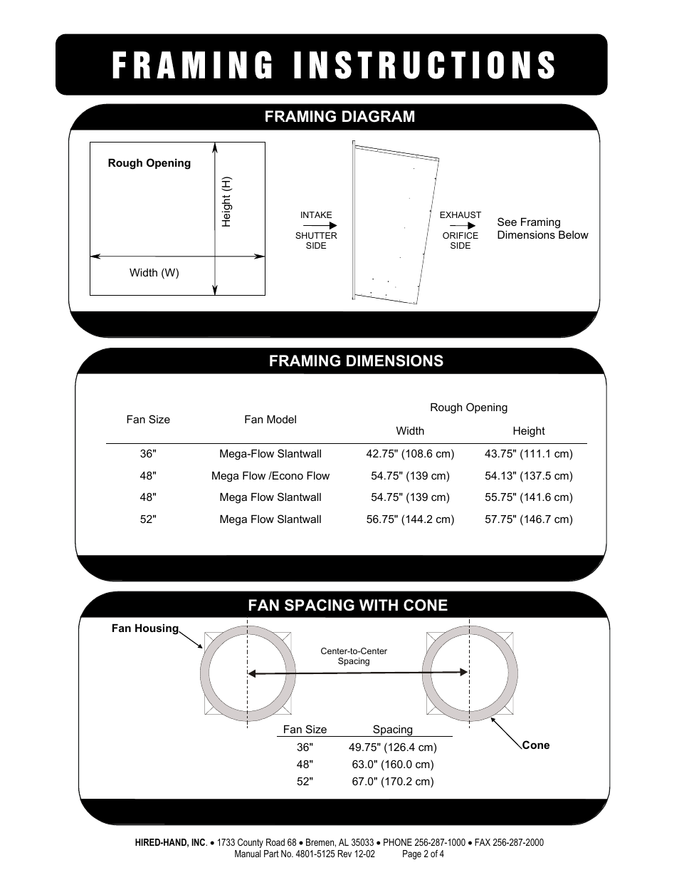 Fan spacing with cone, Framing diagram, Framing dimensions | Hired-Hand Mega Flow SlantWall Fans (ASSEMBLED) User Manual | Page 2 / 4