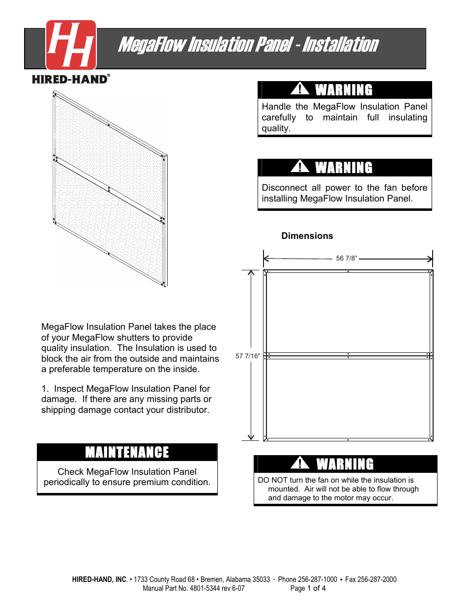 Hired-Hand Mega Flow SlantWall Fans: Insulation Panel - Installation User Manual | 4 pages