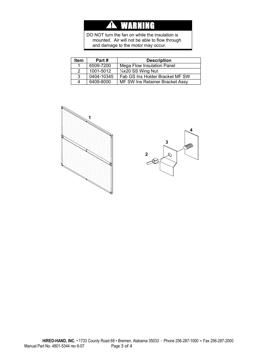 Warning | Hired-Hand Mega Flow SlantWall Fans: Insulation Panel - Installation User Manual | Page 3 / 4