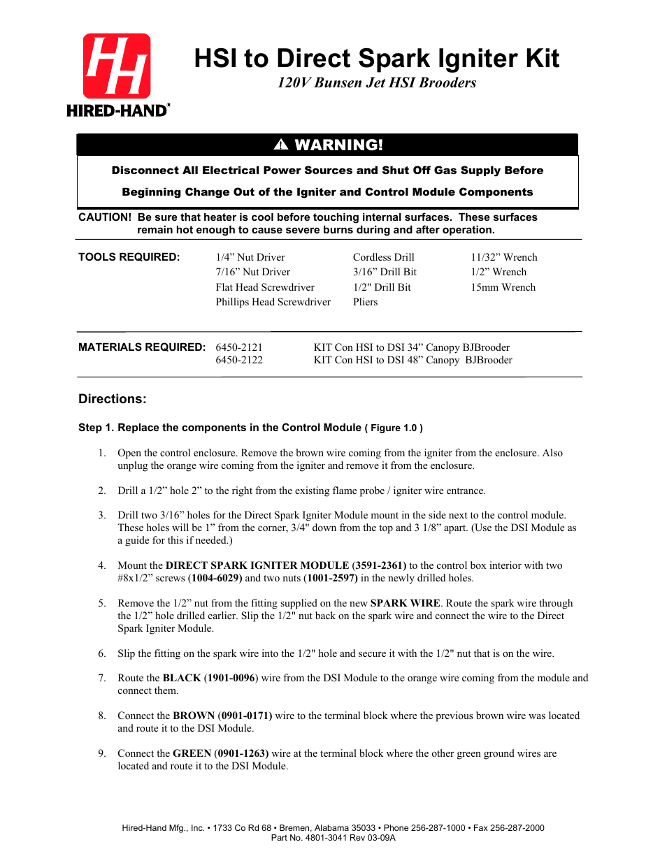 Hired-Hand Bunsen Jet Brooders: HSI to Direct Spark Igniter Kit User Manual | 3 pages