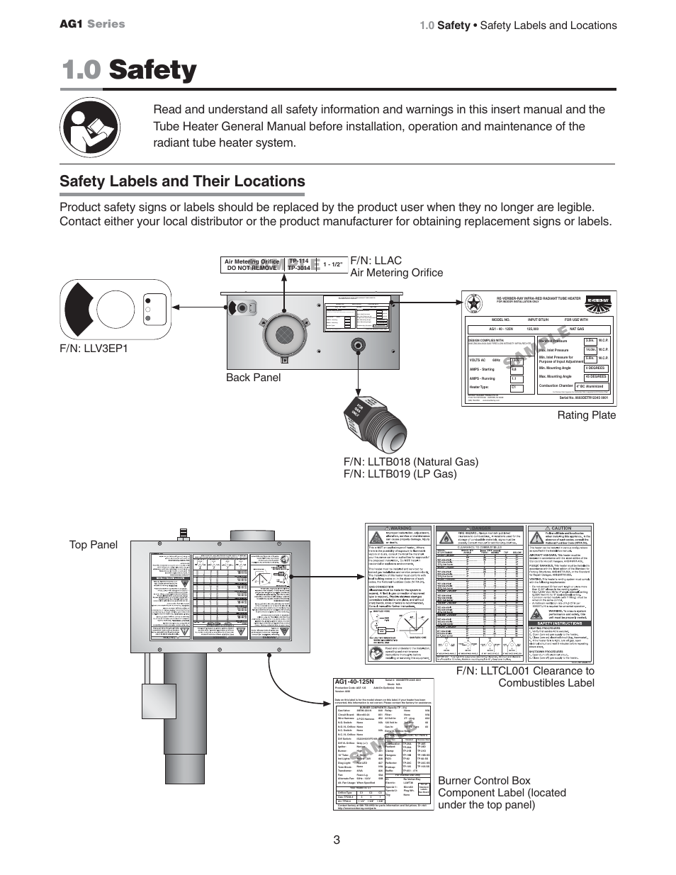 0 safety, Sa mp le sa mp le, Safety labels and their locations | Sample, 0 safety • safety labels and locations, F/n: llv3ep1, F/n: llac air metering orifice, 120v | Hired-Hand Universal Ray Tube Heaters: AG1 Series User Manual | Page 3 / 20