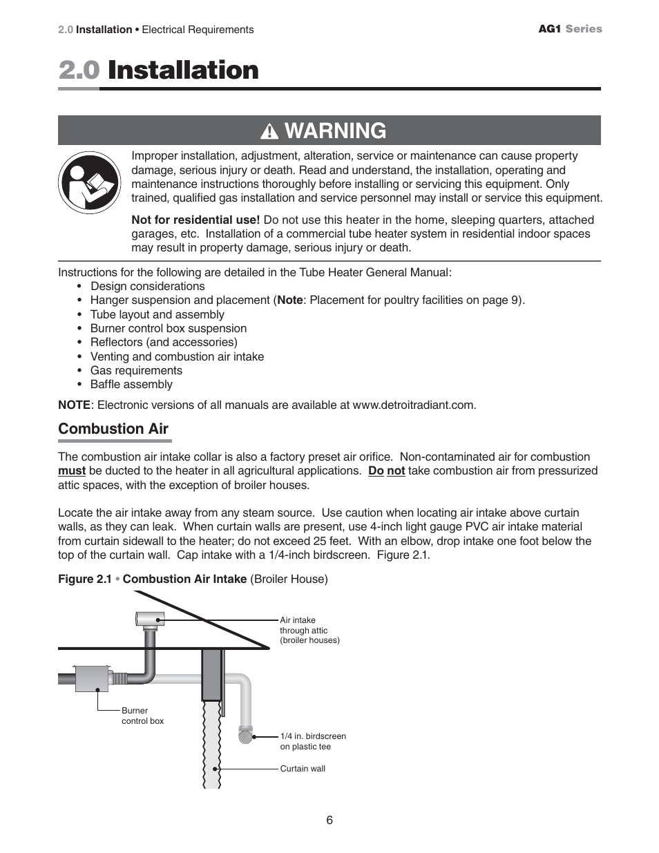 0 installation, Warning | Hired-Hand Universal Ray Tube Heaters: AG1 Series User Manual | Page 6 / 20