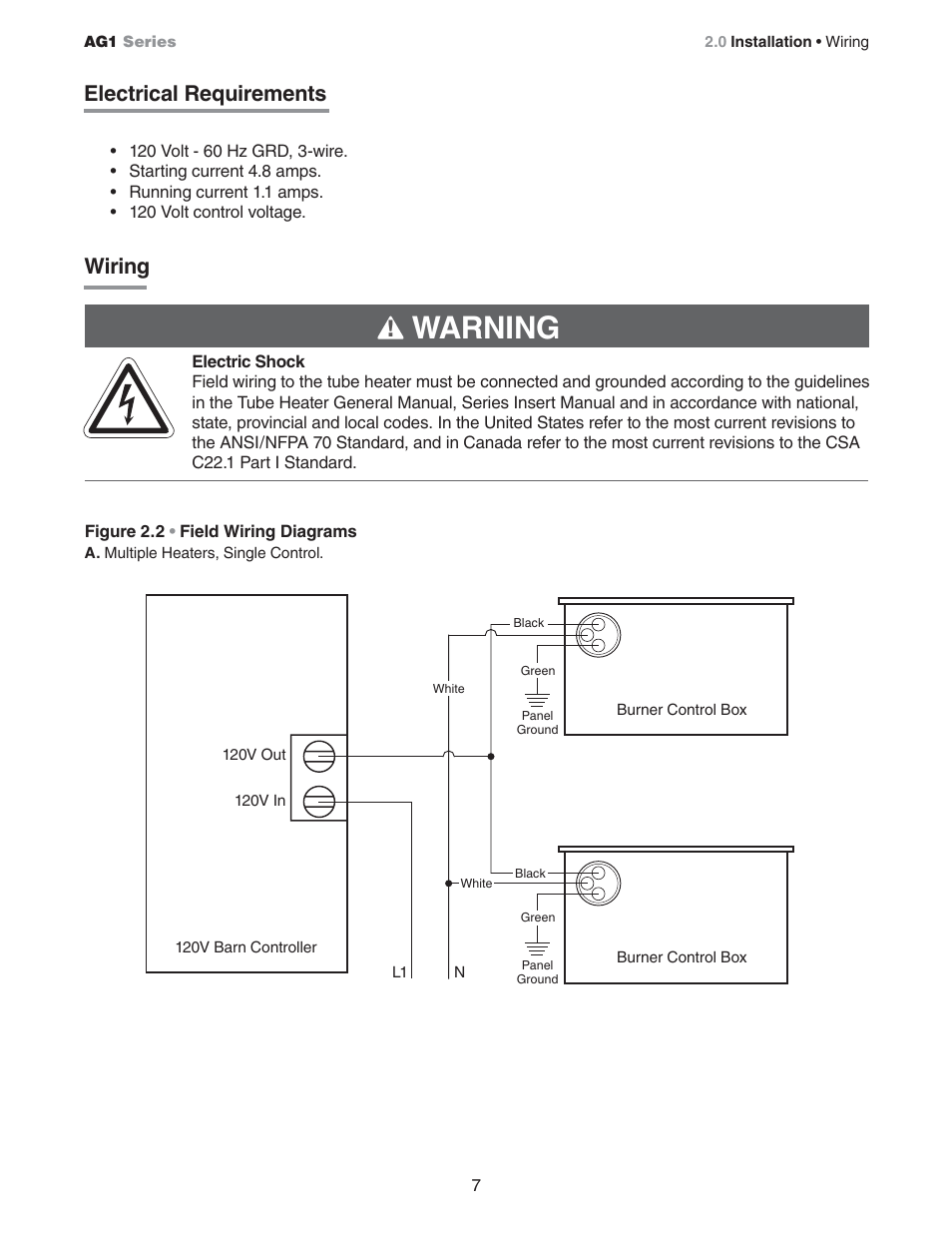Warning, Electrical requirements wiring | Hired-Hand Universal Ray Tube Heaters: AG1 Series User Manual | Page 7 / 20