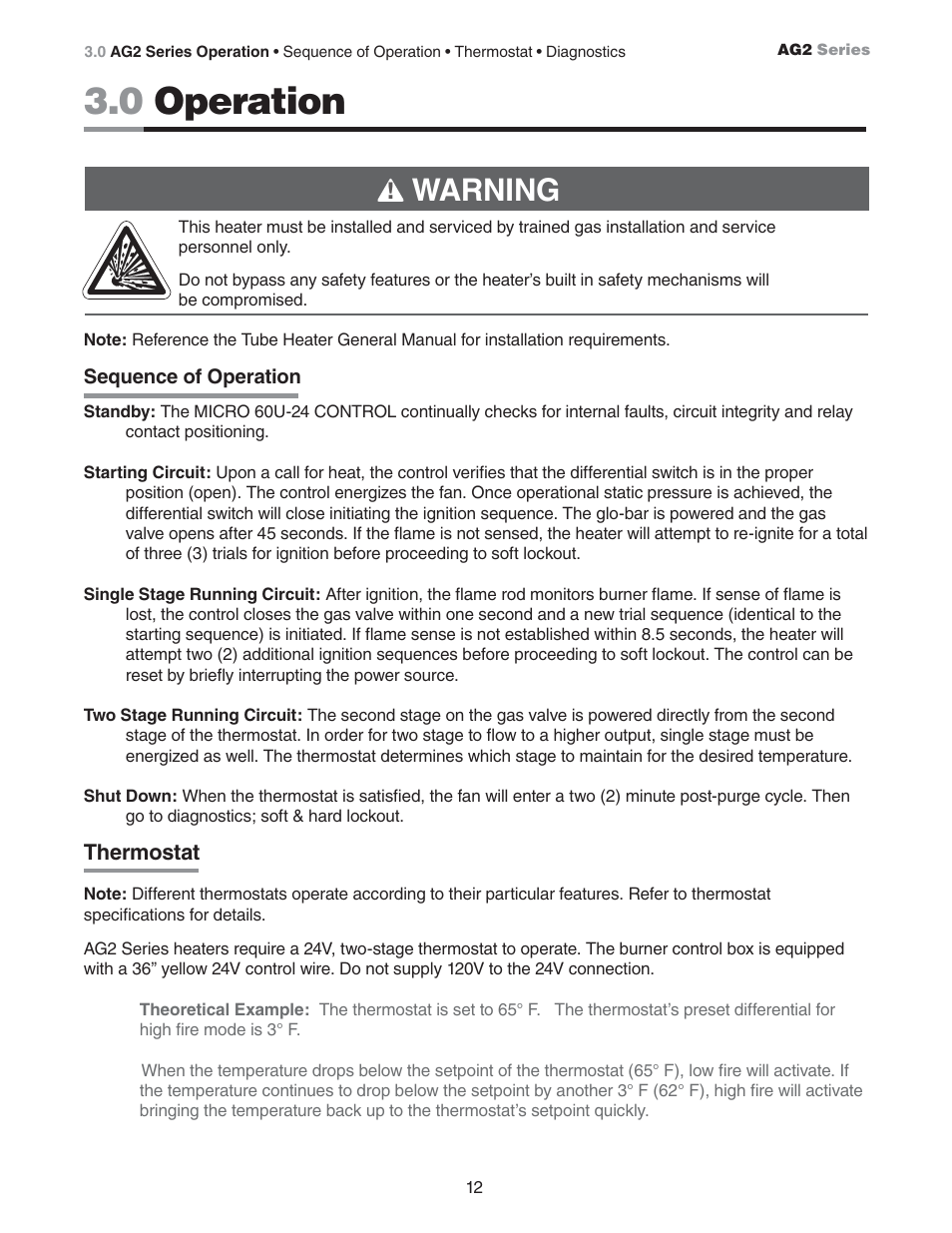0 operation, Warning | Hired-Hand Universal Ray Tube Heaters: AG2 Series Rev.11-07 User Manual | Page 12 / 20