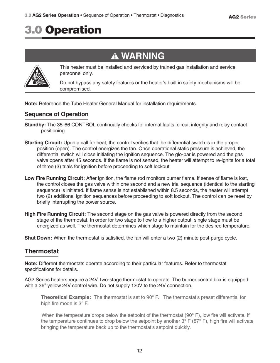 0 operation, Warning | Hired-Hand Universal Ray Tube Heaters: AG2 Series Rev.10-08 User Manual | Page 12 / 20
