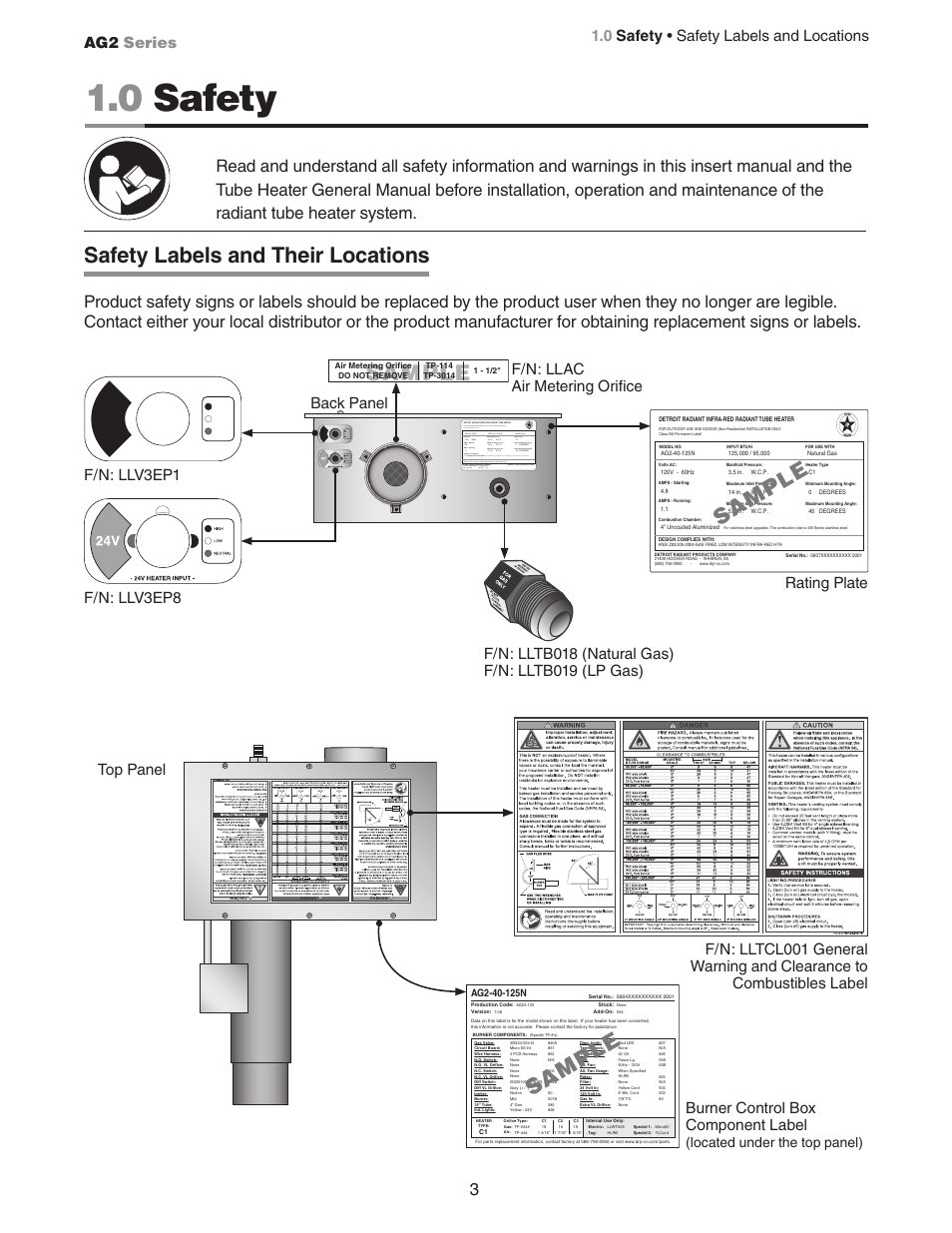 0 safety, Sa mp le sa mp le, Sa mp le safety labels and their locations | Sample, 0 safety • safety labels and locations, Burner control box component label, F/n: llv3ep8, F/n: llv3ep1, F/n: llac air metering orifice, Neutral earth hot - 120v heater input | Hired-Hand Universal Ray Tube Heaters: AG2 Series Rev.10-08 User Manual | Page 3 / 20