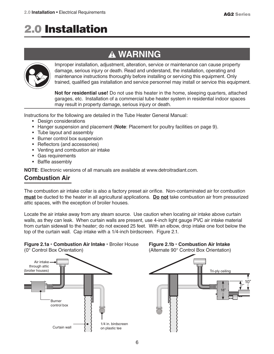 0 installation, Warning, Combustion air | Hired-Hand Universal Ray Tube Heaters: AG2 Series Rev.10-08 User Manual | Page 6 / 20