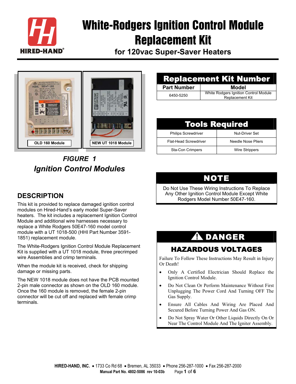 Hired-Hand Super-Savers (Forced Air Heaters) XL: White-Rodgers Ignition Control Module User Manual | 6 pages