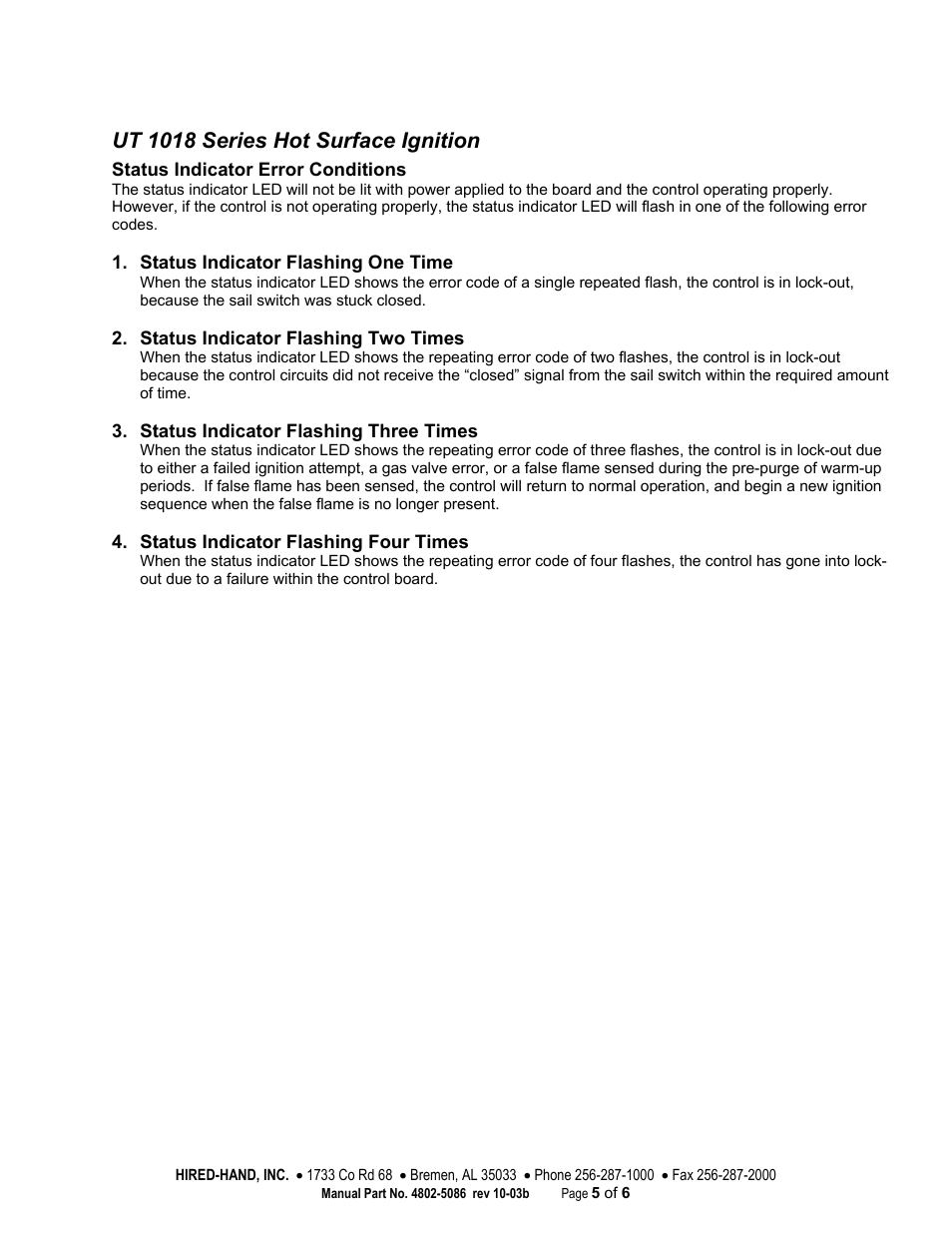 Ut 1018 series hot surface ignition | Hired-Hand Super-Savers (Forced Air Heaters) XL: White-Rodgers Ignition Control Module User Manual | Page 5 / 6