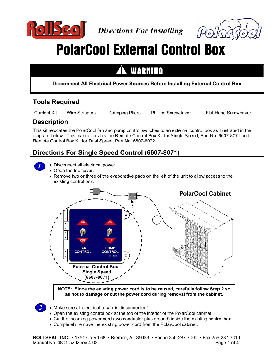 Hired-Hand Polar Cool: External Control Box User Manual | 4 pages