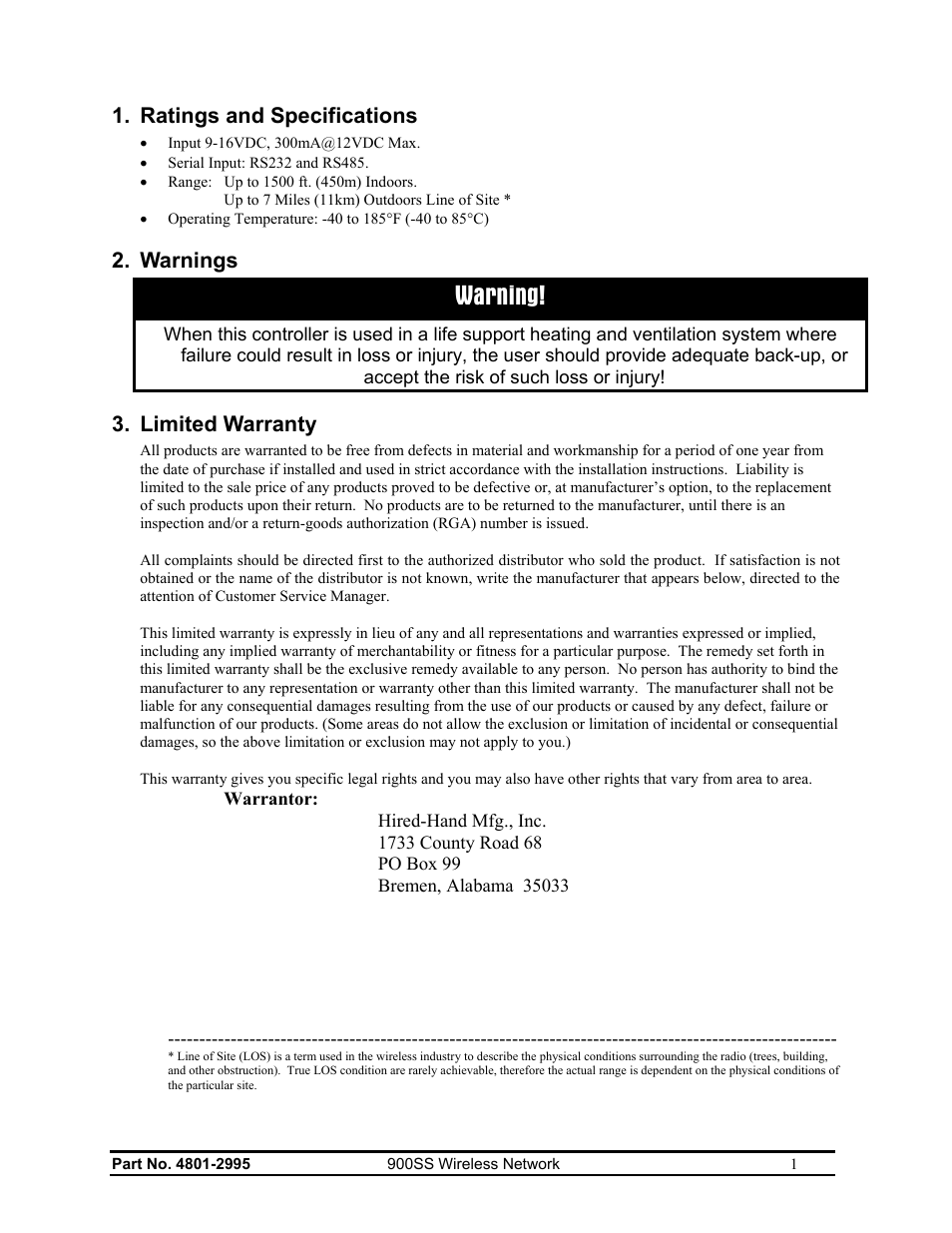 Warning | Hired-Hand HH Software: 900SS Wireless Network User Manual | Page 3 / 10