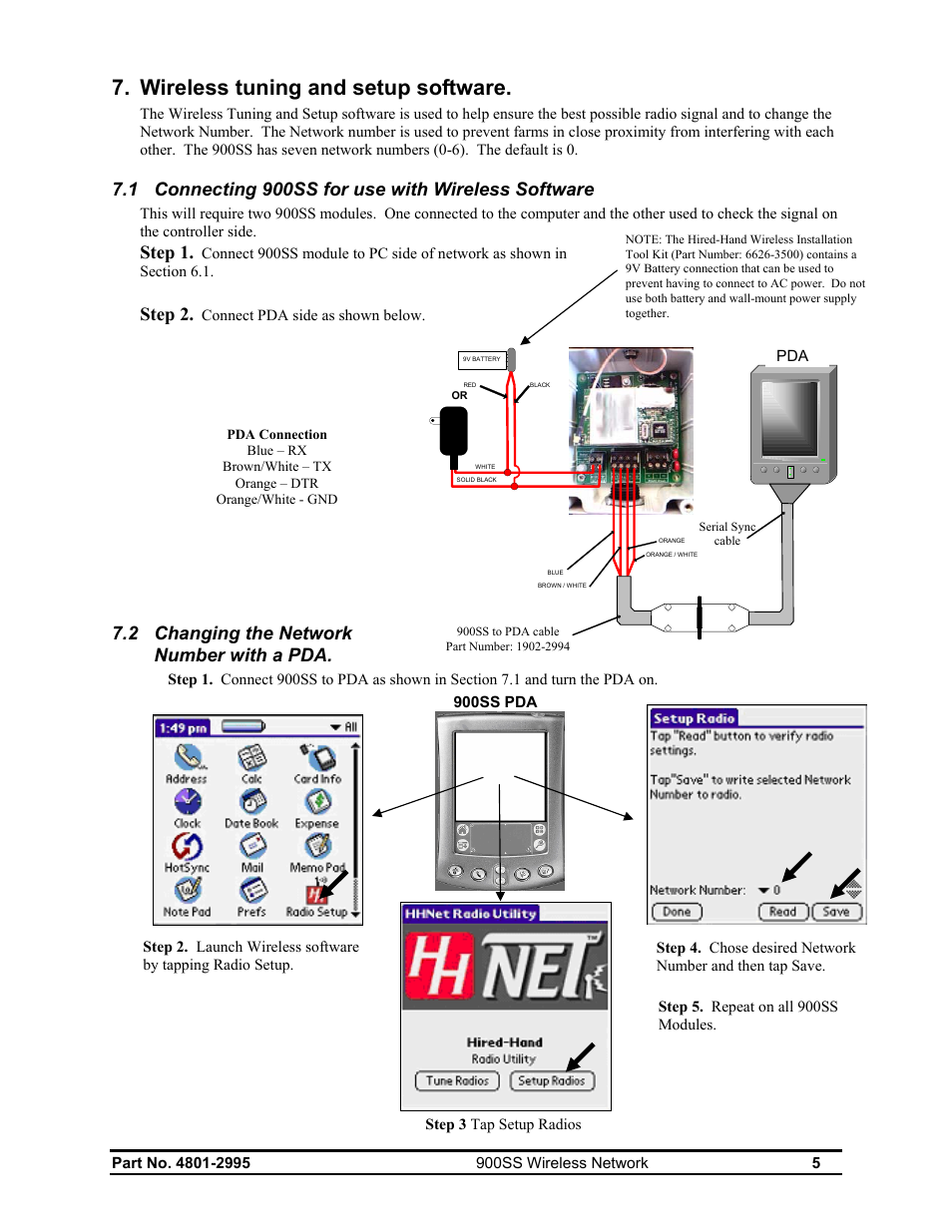 Wireless tuning and setup software, 1 connecting 900ss for use with wireless software, Step 1 | Step 2, 2 changing the network number with a pda | Hired-Hand HH Software: 900SS Wireless Network User Manual | Page 7 / 10